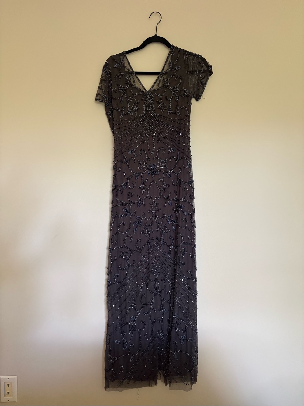Embellished V-Neck Evening Gown - Gray